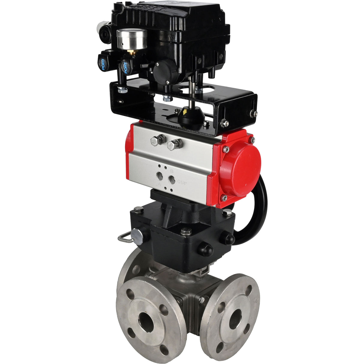 Ball valves Elephant BV3232P(4pc)-FP-3WL-F-ISO-H 16 bar full bore, flanged, body - stainless steel SS316, ISO flange F03/F04-F10/F12, square 9x9-19x19, with Mon/actuator PA-DA, pneumatic positioner YT-1000RSN with feedback and Doubler MON3-700-T38-