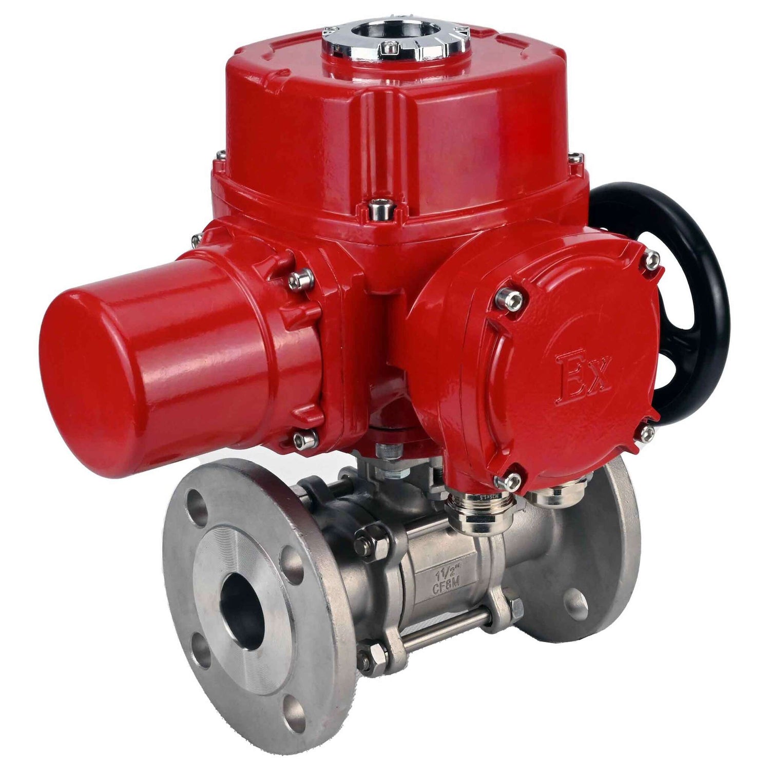 Stainless steel ball valve Elephant BVFPT,304,180 three-part, body material - stainless steel SS304, seal - PTFE, flanged, full port, quarter-turn electric actuator Elephant QT-W (M) EX 380 V