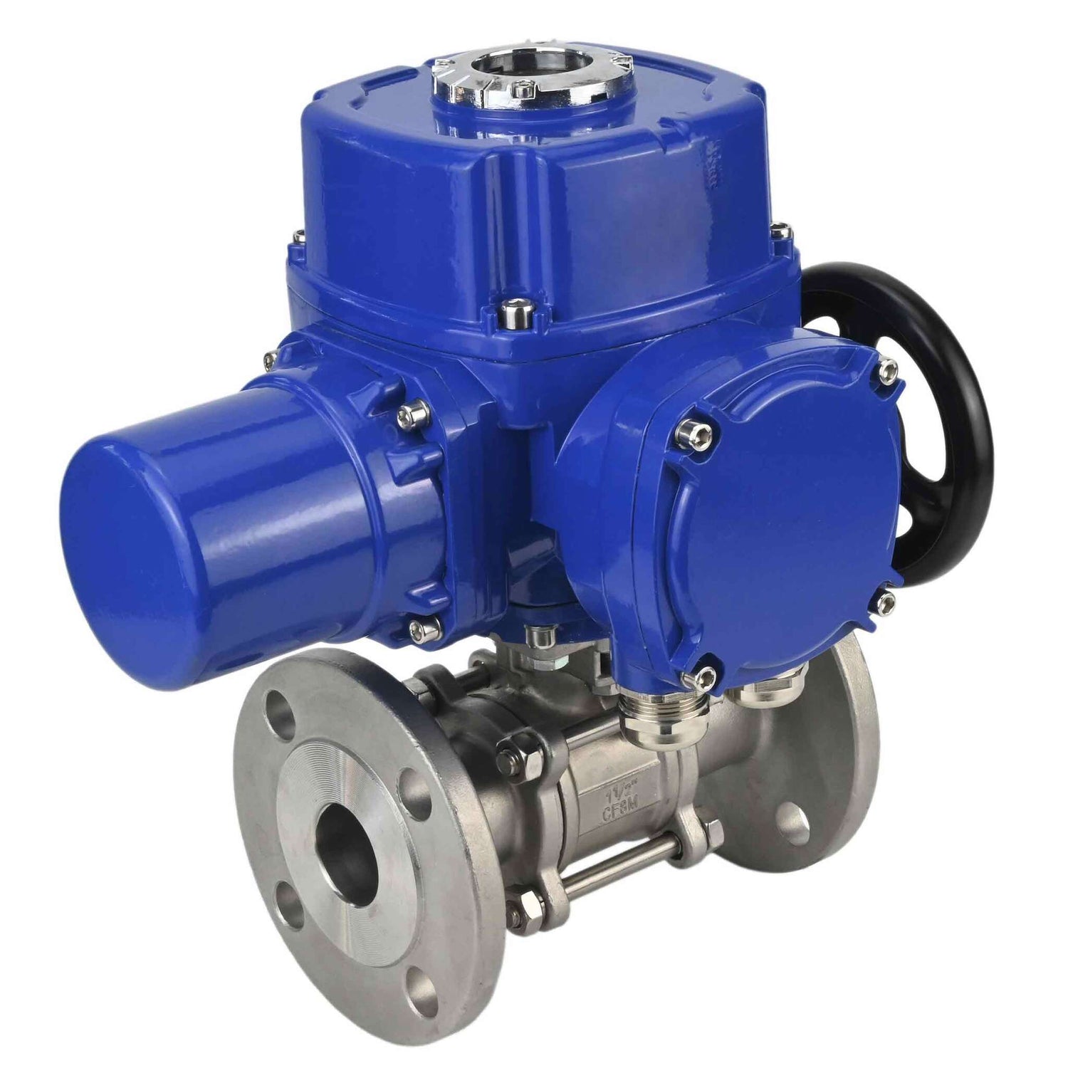 Stainless steel ball valve Elephant BVFPT,304,180 three-part, body material - stainless steel SS304, seal - PTFE, flanged, full port, quarter-turn electric actuator Elephant QT-W (M) 220 V