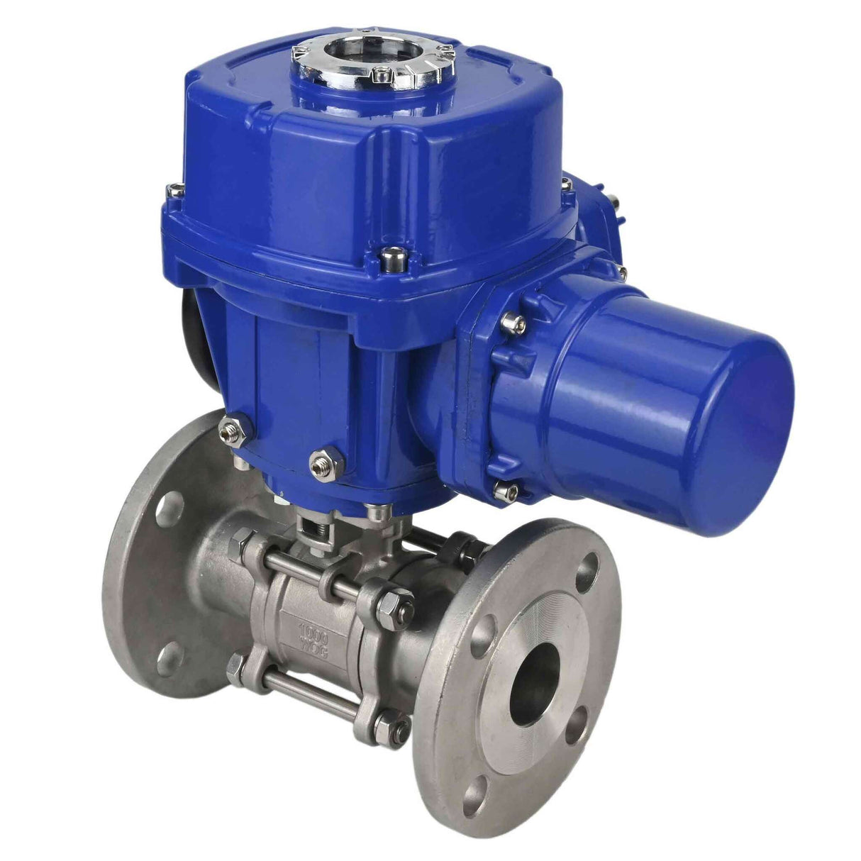 Stainless steel ball valve Elephant BVFPT,304,180 three-part, body material - stainless steel SS304, seal - PTFE, flanged, full port, quarter-turn electric actuator Elephant QT-W (M) 380 V