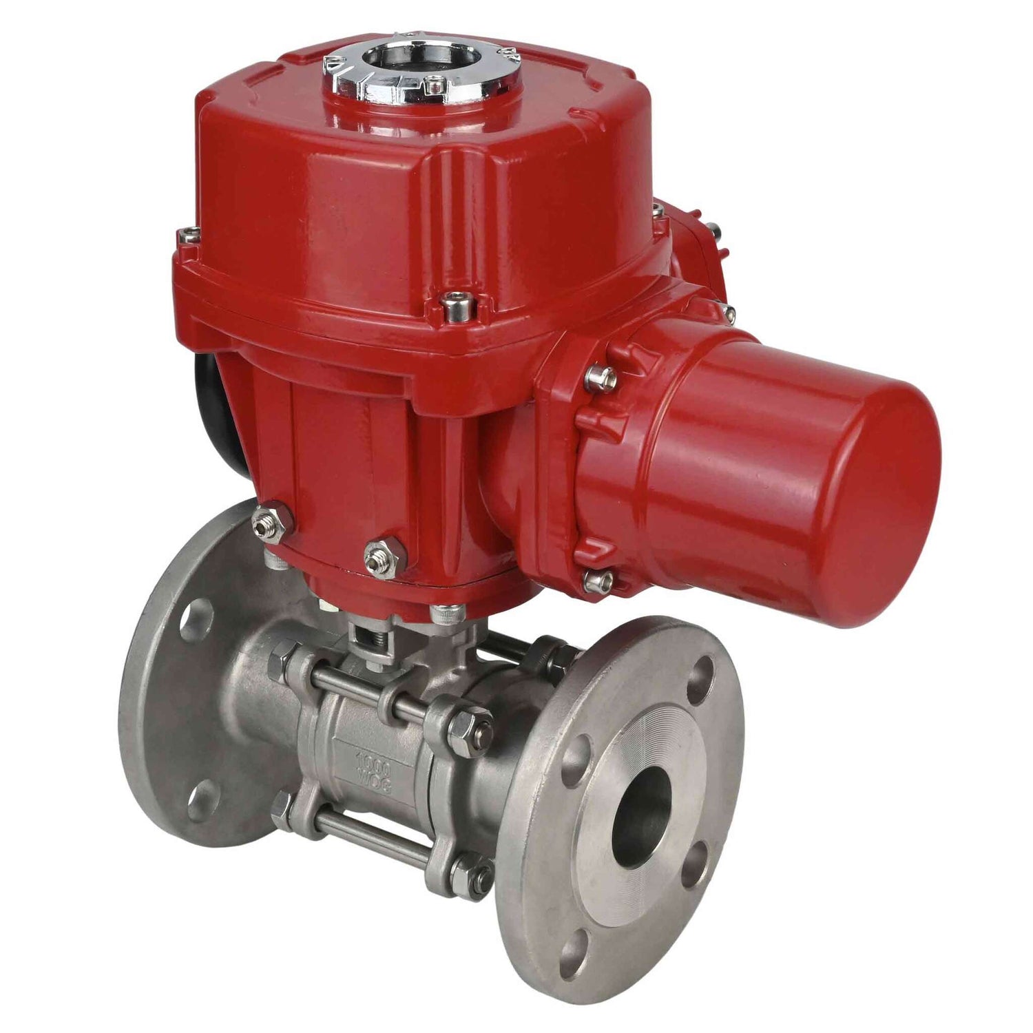 Stainless steel ball valve Elephant BVFPT,304,180 three-part, body material - stainless steel SS304, seal - PTFE, flanged, full port, quarter-turn electric actuator Elephant QT-W (M) EX 220 V