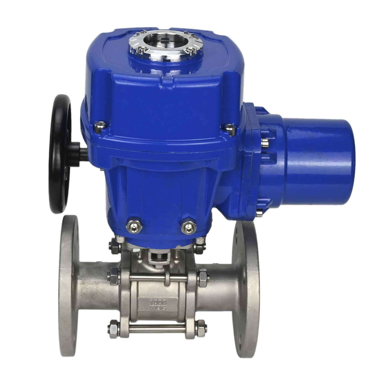 Stainless steel ball valve Elephant BVFPT,304,180 three-part, body material - stainless steel SS304, seal - PTFE, flanged, full port, quarter-turn electric actuator Elephant QT-W (M) 220 V