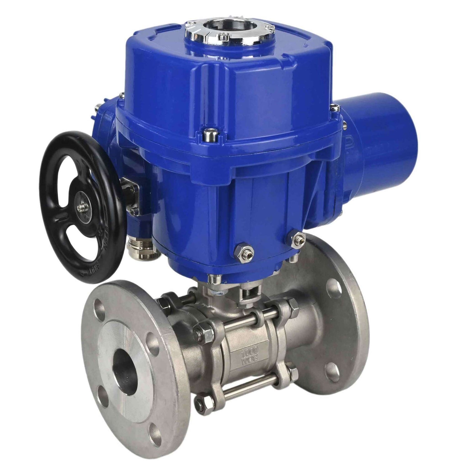 Stainless steel ball valve Elephant BVFPT,304,180 three-part, body material - stainless steel SS304, seal - PTFE, flanged, full port, quarter-turn electric actuator Elephant QT-W (M) 380 V