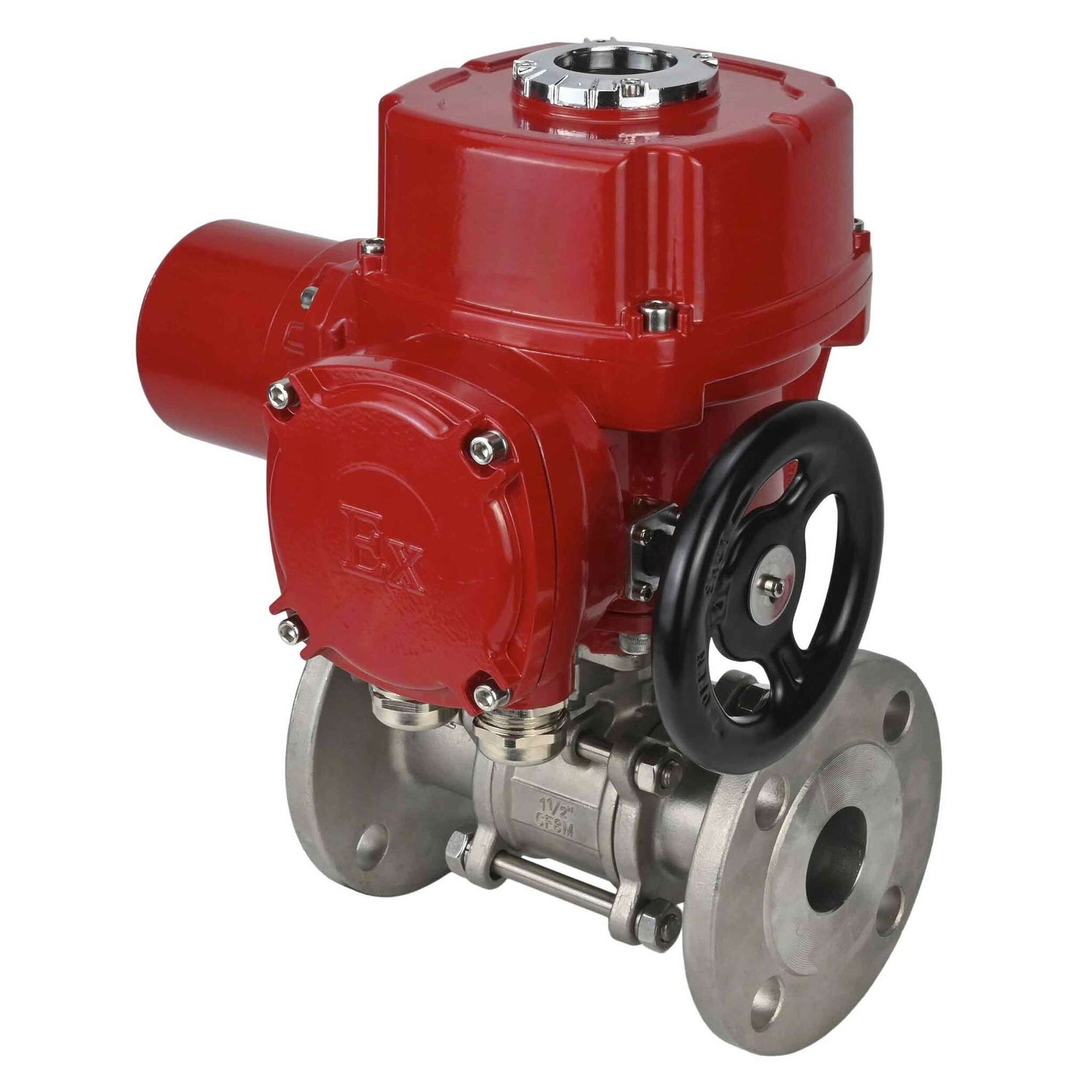 Stainless steel ball valve Elephant BVFPT,304,180 three-part, body material - stainless steel SS304, seal - PTFE, flanged, full port, quarter-turn electric actuator Elephant QT-W (M) EX 220 V