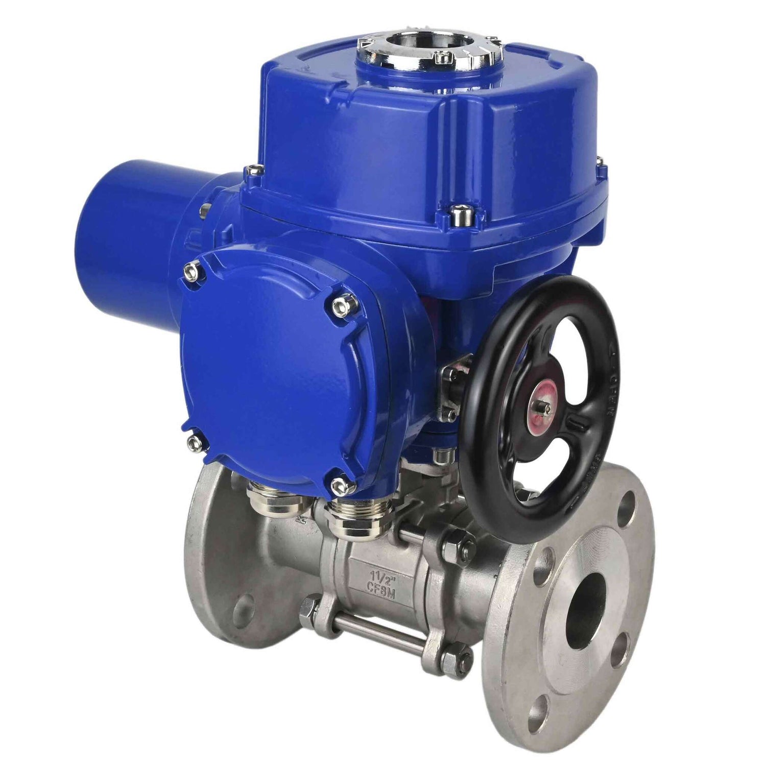 Stainless steel ball valve Elephant BVFPT,304,180 three-part, body material - stainless steel SS304, seal - PTFE, flanged, full port, quarter-turn electric actuator Elephant QT-W (M) 220 V