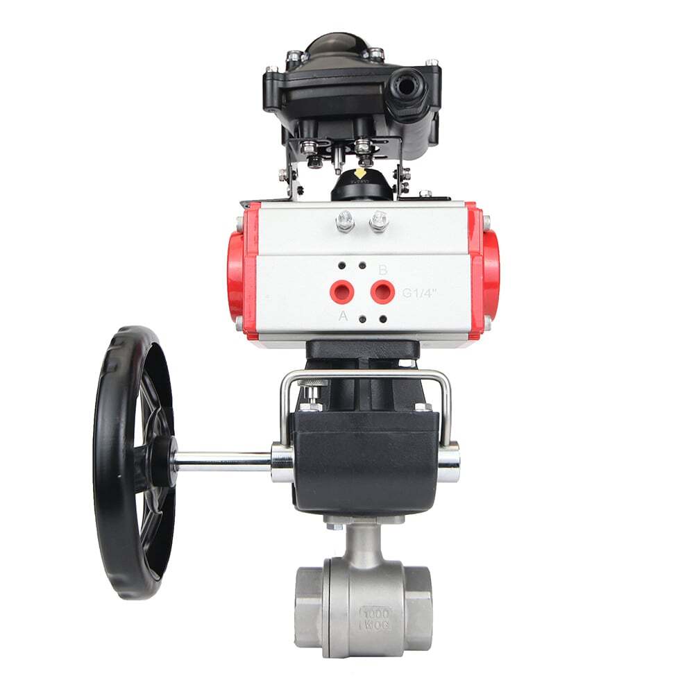 Stainless steel ball valve Elephant BVMP.316.230-ISO 63 bar, threaded, full port, body material - stainless steel AISI 316, with double-acting pneumatic actuator Elephant DA, limit switch block APL-410N EX, manual override HDM