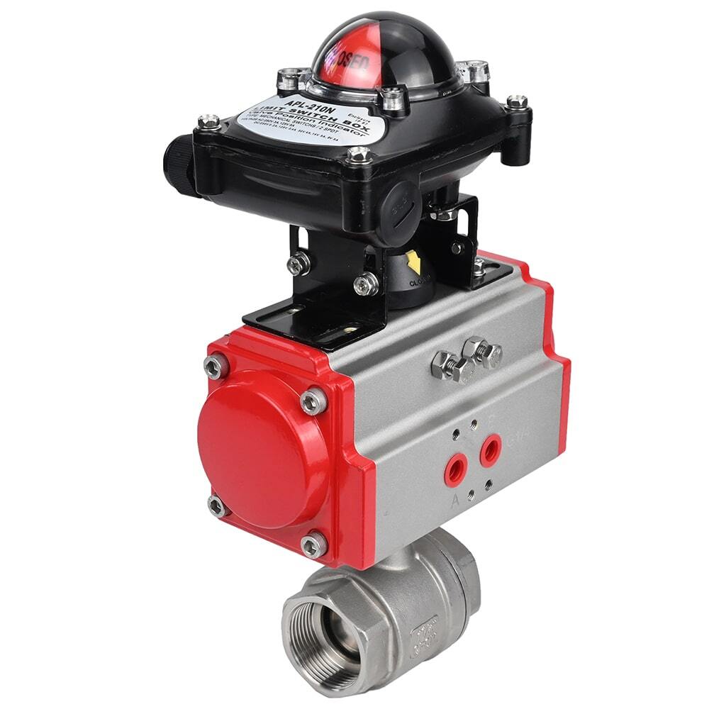 Stainless steel ball valve Elephant BVMP.316.230-ISO 63 bar, threaded, full port, body material - stainless steel AISI 316, with pneumatic actuator with return springs Elephant SA, limit switch block APL-410N EX