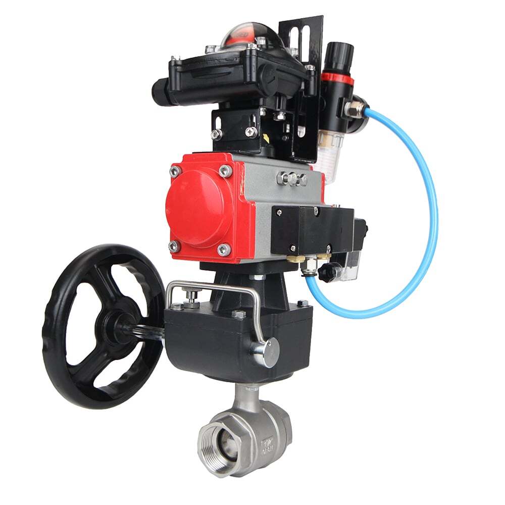 Stainless steel ball valve Elephant BVMP,316,230-ISO 63 bar, threaded, full port, body material - stainless steel AISI 316, with double-acting pneumatic actuator Elephant DA, pneumatic distributor 4M310-08 220V, limit switch block APL-410N EX, manual