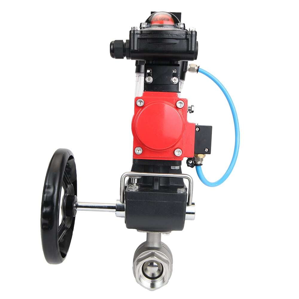 Stainless steel ball valve Elephant BVMP,316,230-ISO 63 bar, threaded, full port, body material - stainless steel AISI 316, with double-acting pneumatic actuator Elephant DA, pneumatic distributor 4M310-08 220V, limit switch block APL-410N EX, manual