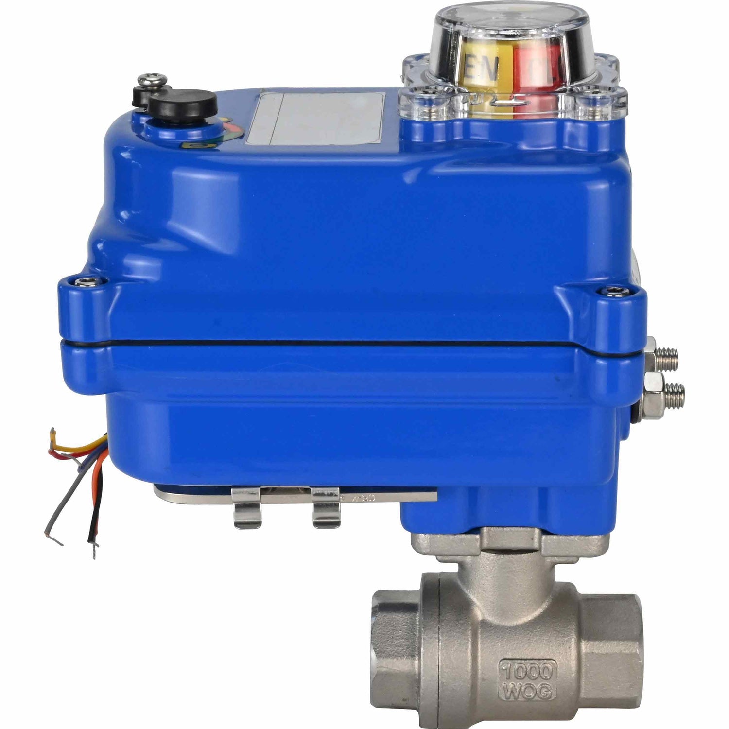 Stainless steel ball valve Elephant BVMP,316,230-ISO 63 bar SS316 threaded, quarter-turn electric actuator Elephant 003 blue 24 V