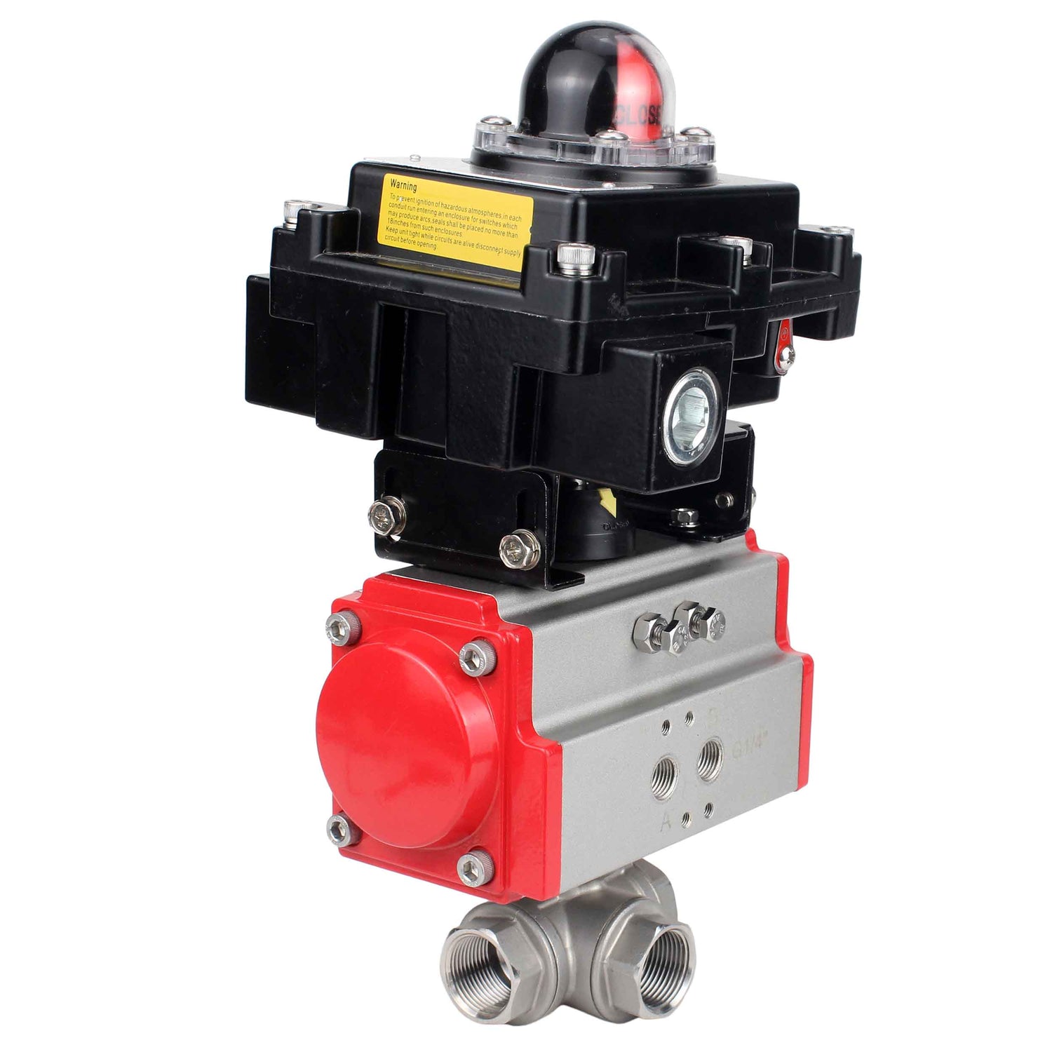 Stainless steel ball valve Elephant RP.SS316.200.MM.ISO 63 bar threaded, standard port, three way, L-type, body material - stainless steel AISI 316, pneumatic actuator DA, limit switch block APL-410N EX