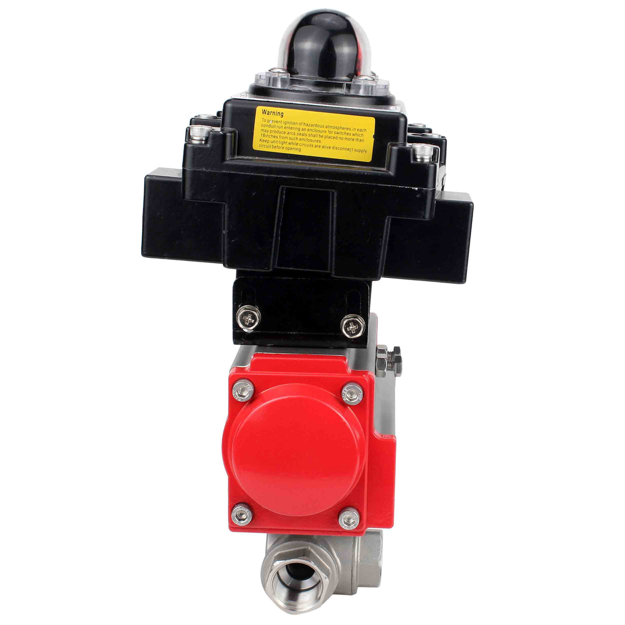 Stainless steel ball valve Elephant RP.SS316.200.MM.ISO 63 bar threaded, standard port, three way, L-type, body material - stainless steel AISI 316, pneumatic actuator DA, limit switch block APL-410N EX