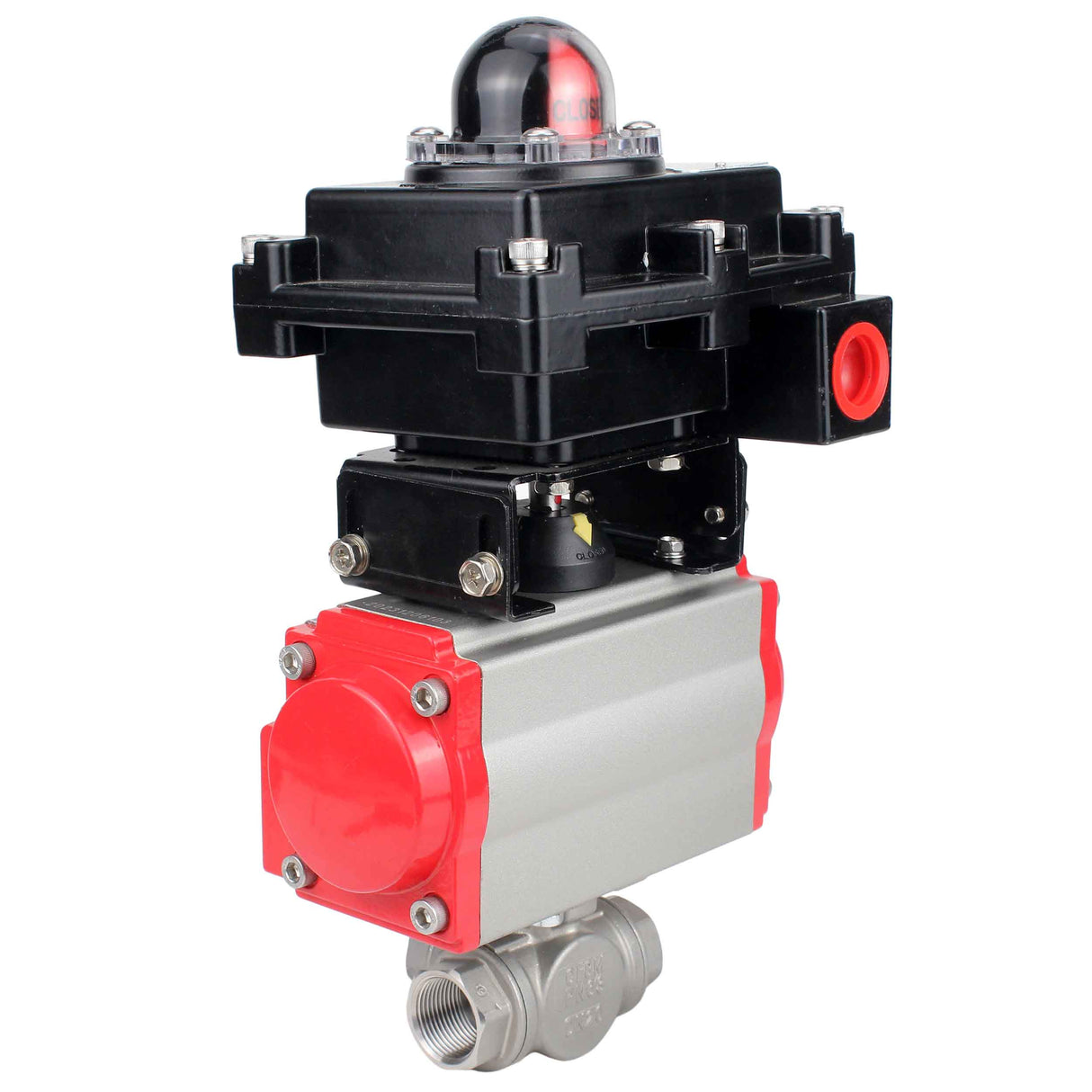 Stainless steel ball valve Elephant RP.SS316.200.MM.ISO 63 bar threaded, standard port, three way, L-type, body material - stainless steel AISI 316, pneumatic actuator DA, limit switch block APL-410N EX