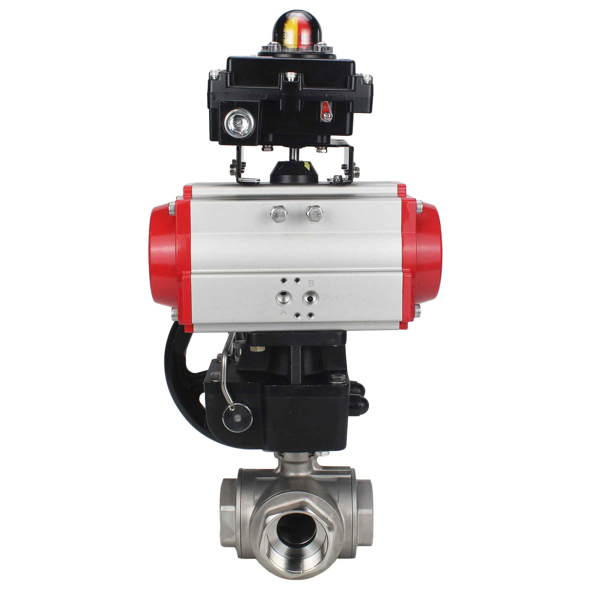 Stainless steel ball valve Elephant RP.SS316.200.MM.ISO 63 bar threaded, standard port, three way, L-type, body material - stainless steel AISI 316, pneumatic actuator DA, limit switch block APL-410N EX, manual override HDM