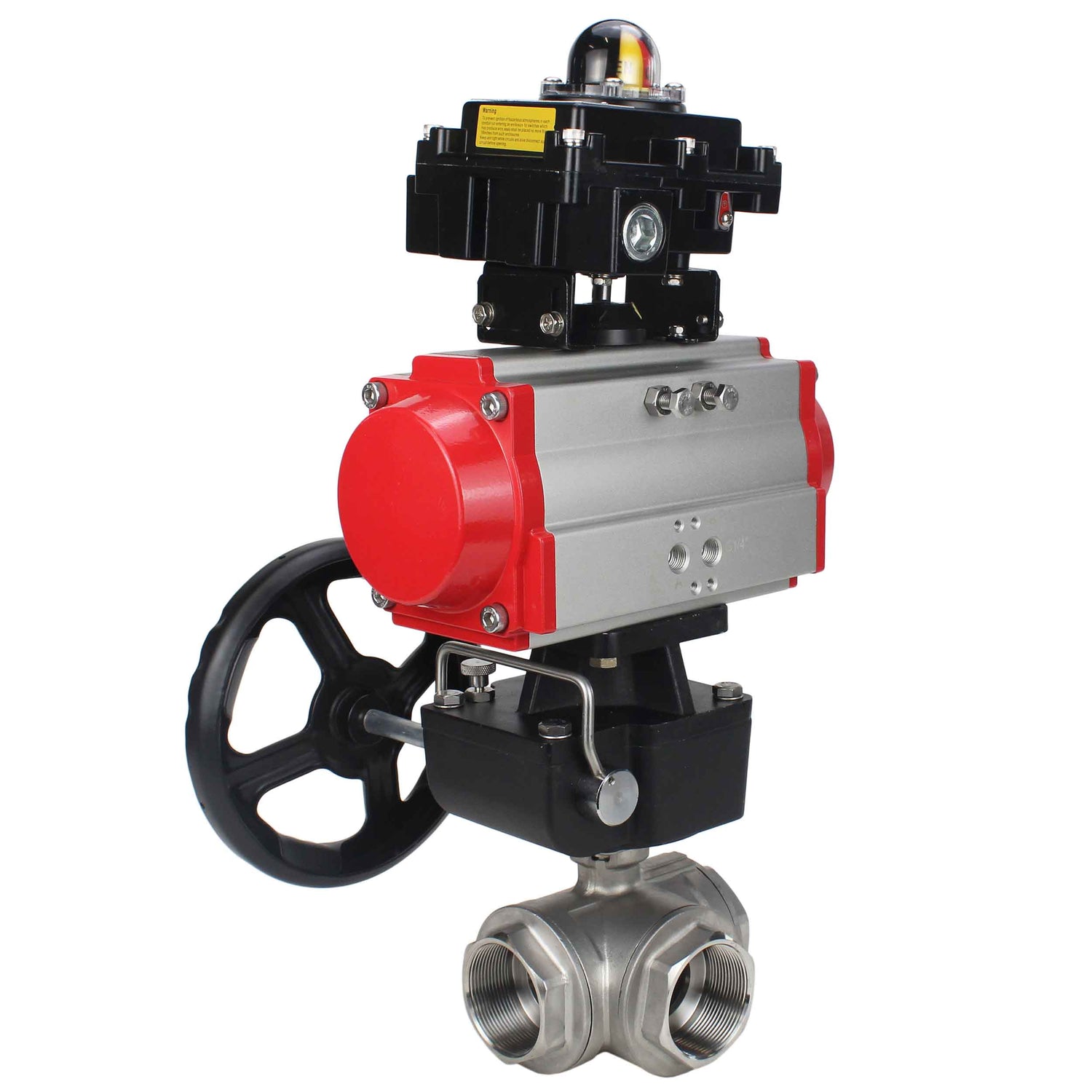 Stainless steel ball valve Elephant RP.SS316.200.MM.ISO 63 bar threaded, standard port, three way, L-type, body material - stainless steel AISI 316, pneumatic actuator DA, limit switch block APL-410N EX, manual override HDM