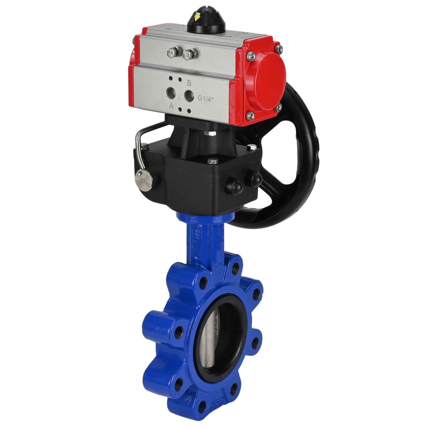 Water Butterfly Valve Elephant WBV1631E-2W-Fb-H, body material - cast iron QT450, disk material - stainless steel AISI 304, seal - EPDM, with pneumatic actuator double action PA-DA, handwheel MON