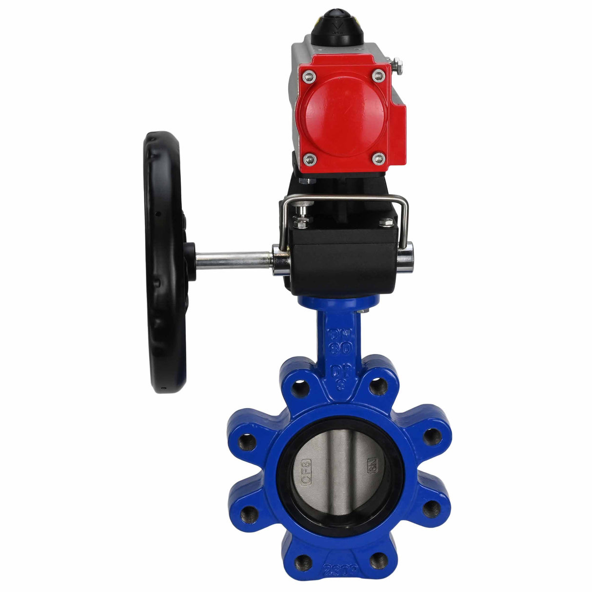 Water Butterfly Valve Elephant WBV1631N-2W-Fb-H, body material - cast iron QT450, disk material - stainless steel AISI 304, seal - NBR, with pneumatic actuator double action PA-DA, handwheel MON