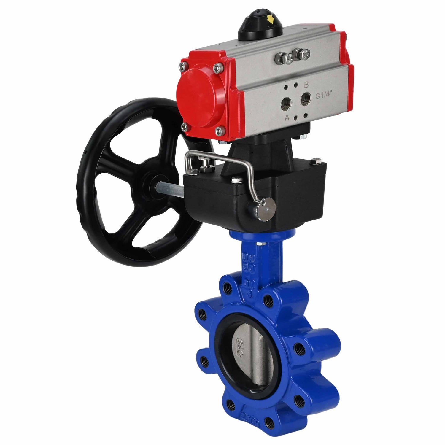 Water Butterfly Valve Elephant WBV1631N-2W-Fb-H, body material - cast iron QT450, disk material - stainless steel AISI 304, seal - NBR, with pneumatic actuator double action PA-DA, handwheel MON