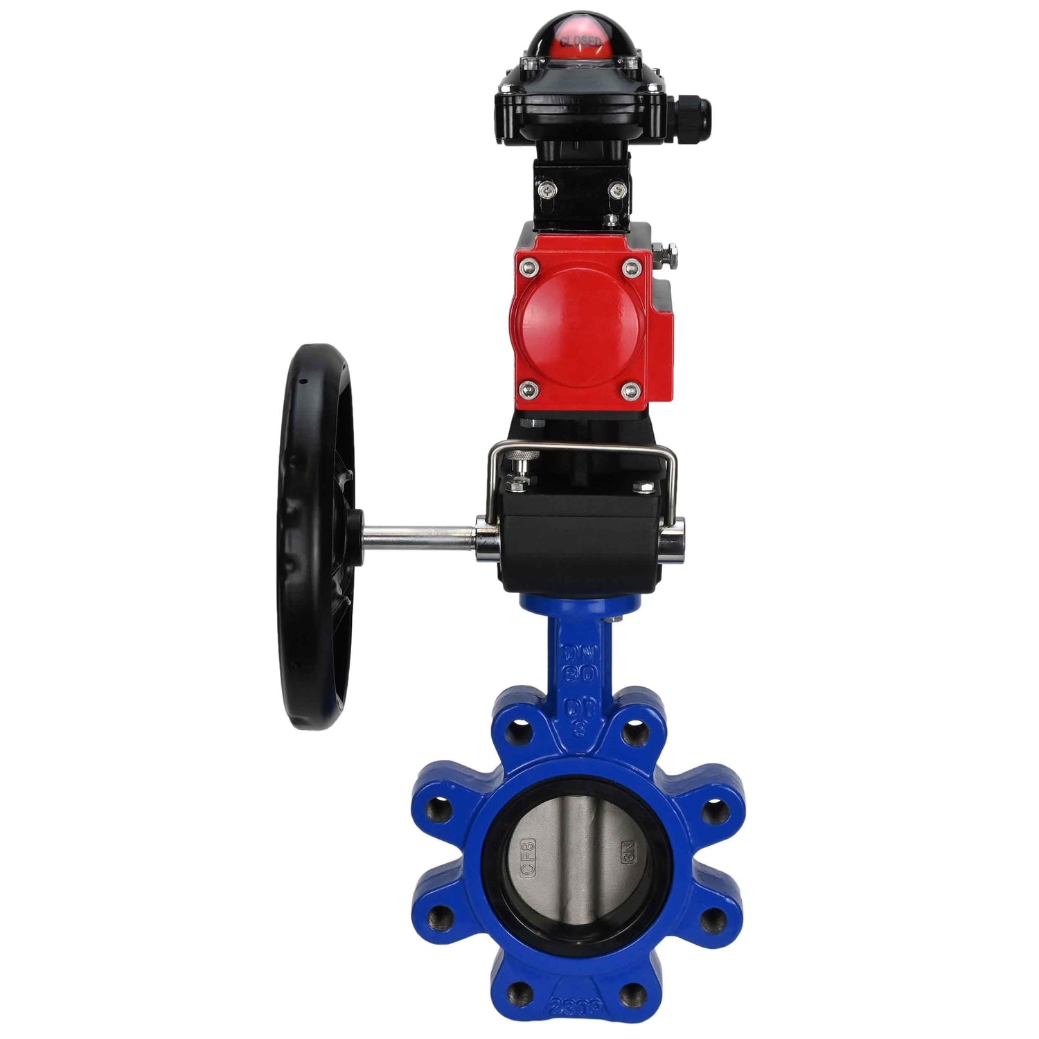 Water Butterfly Valve Elephant WBV1631E-2W-Fb-H, body material - cast iron QT450, disk material - stainless steel AISI 304, seal - EPDM, with pneumatic actuator double action PA-DA, handwheel MON, LSU APL-210N