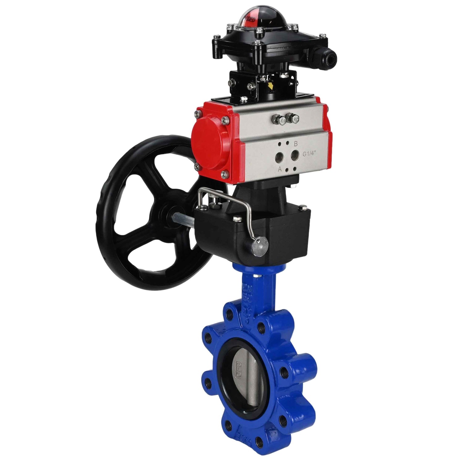 Water Butterfly Valve Elephant WBV1631E-2W-Fb-H, body material - cast iron QT450, disk material - stainless steel AISI 304, seal - EPDM, with pneumatic actuator double action PA-DA, handwheel MON, LSU APL-210N