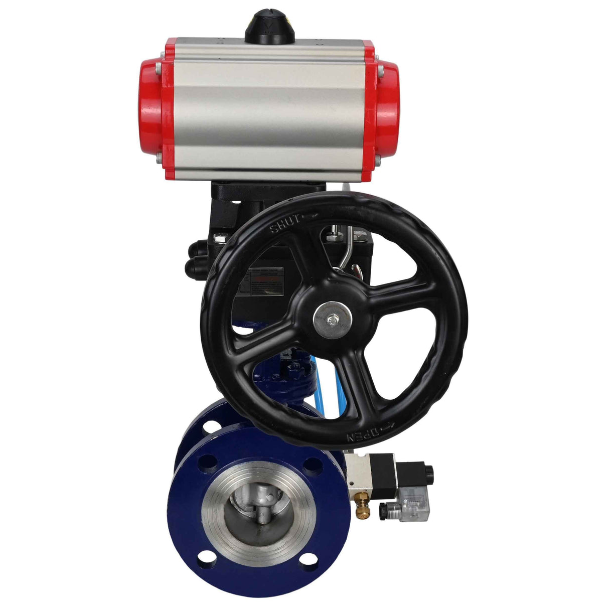 Water Butterfly Valve Elephant WBV3EX-3431M-1W-F-ISO, body material - Carbon steel, disk material - Stainless steel AISI 304, seal - Metal, pneumatic actuator PA-DA double action, 4V320-10 220V handwheel MON,