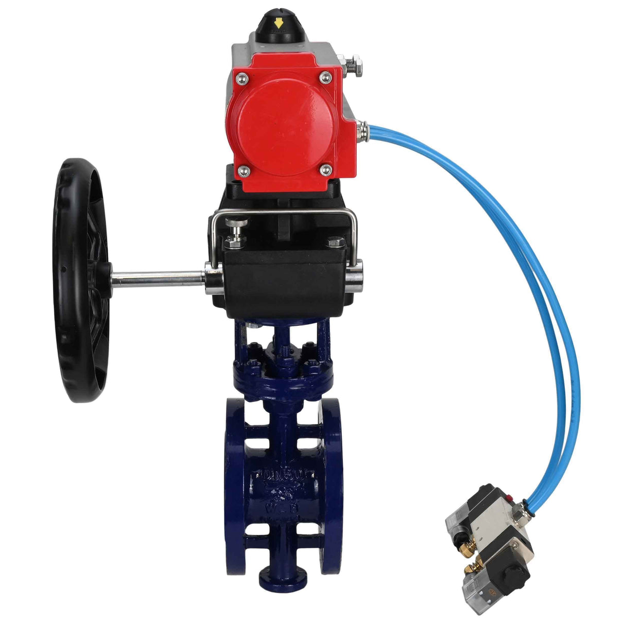 Water Butterfly Valve Elephant WBV3EX-3431M-1W-F-ISO, body material - Carbon steel, disk material - Stainless steel AISI 304, seal - Metal, pneumatic actuator PA-DA double action, 4V320-10 220V handwheel MON,