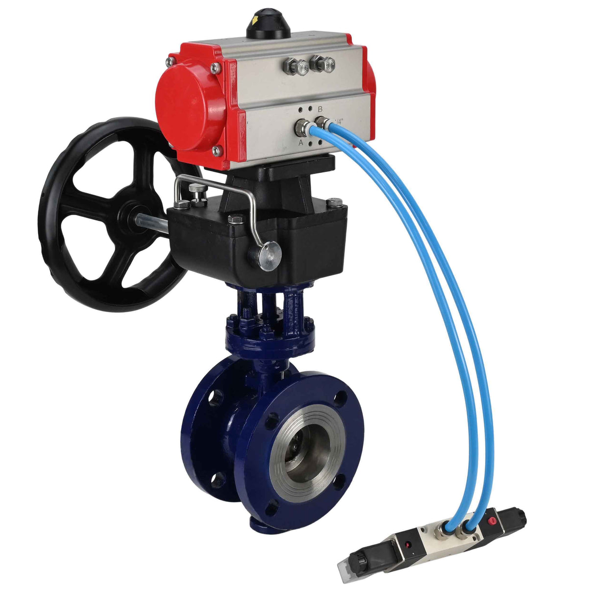 Water Butterfly Valve Elephant WBV3EX-3432M-1W-F-ISO, body material - Carbon steel, disk material - Stainless steel AISI 316, seal - Metal, pneumatic actuator PA-DA double action, 4V320-08 220V handwheel MON