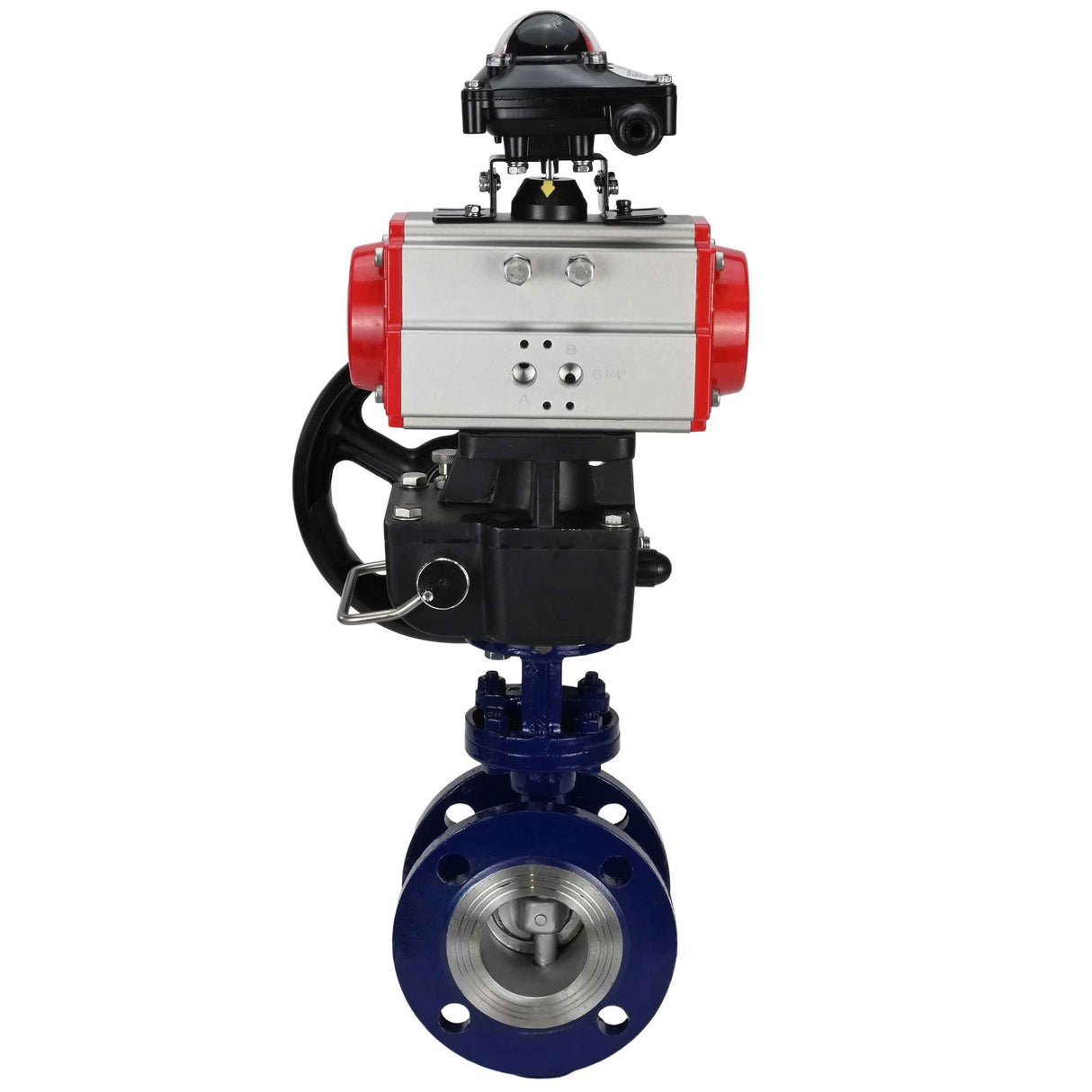 Water Butterfly Valve Elephant WBV3EX-3431M-1W-F-ISO, body material - Carbon steel, disk material - Stainless steel AISI 304, seal - Metal, pneumatic actuator PA-DA double action, LSU APL-210N, handwheel MON,