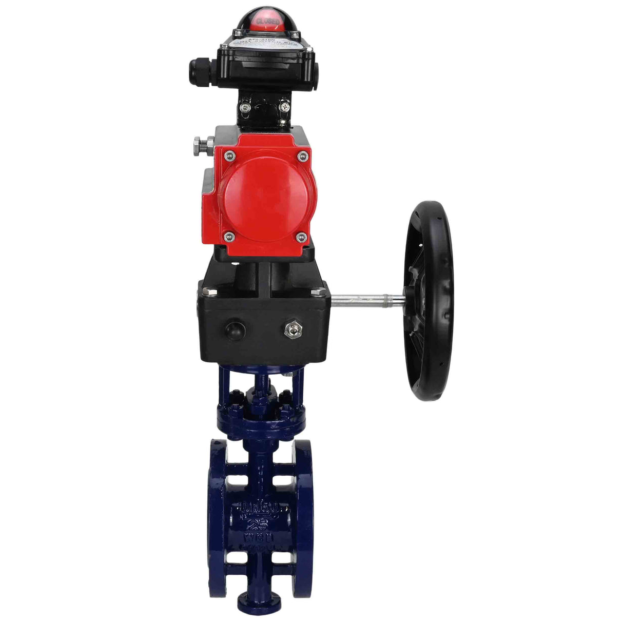 Water Butterfly Valve Elephant WBV3EX-3432M-1W-F-ISO, body material - Carbon steel, disk material - Stainless steel AISI 316, seal - Metal, pneumatic actuator PA-DA double action, LSU APL-210N, handwheel MON