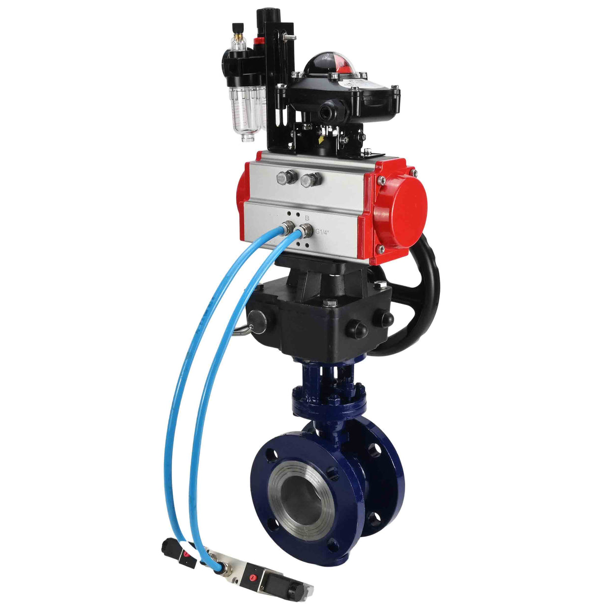 Water Butterfly Valve Elephant WBV3EX-3431M-1W-F-ISO, body material - Carbon steel, disk material - Stainless steel AISI 304, seal - Metal, pneumatic actuator PA-DA double action, 4V320-08 220V, LSU APL-210N, handwheel MON, ATU AFC2000
