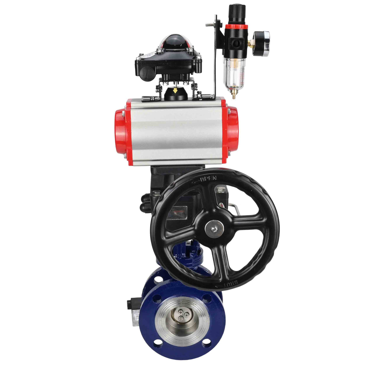 Water Butterfly Valve Elephant WBV3EX-3431M-1W-F-ISO, body material - Carbon steel, disk material - Stainless steel AISI 304, seal - Metal, pneumatic actuator PA-DA double action, 4V320-10 220V, LSU APL-210N, handwheel MON, ATU AFC2000