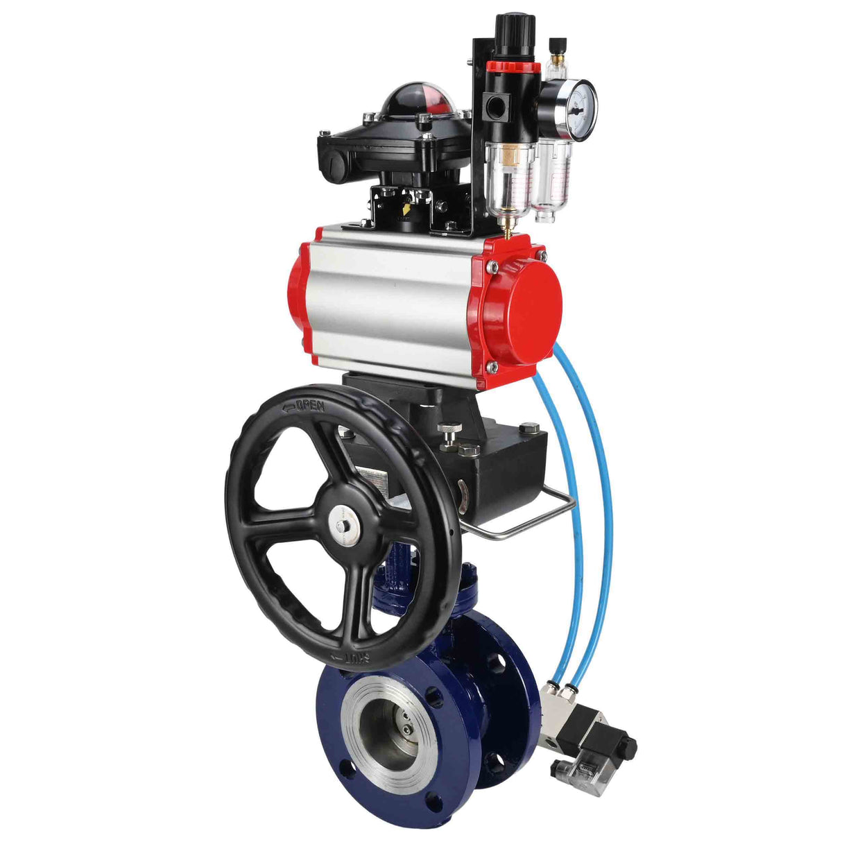 Water Butterfly Valve Elephant WBV3EX-3431M-1W-F-ISO, body material - Carbon steel, disk material - Stainless steel AISI 304, seal - Metal, pneumatic actuator PA-DA double action, 4V320-10 220V, LSU APL-210N, handwheel MON, ATU AFC2000