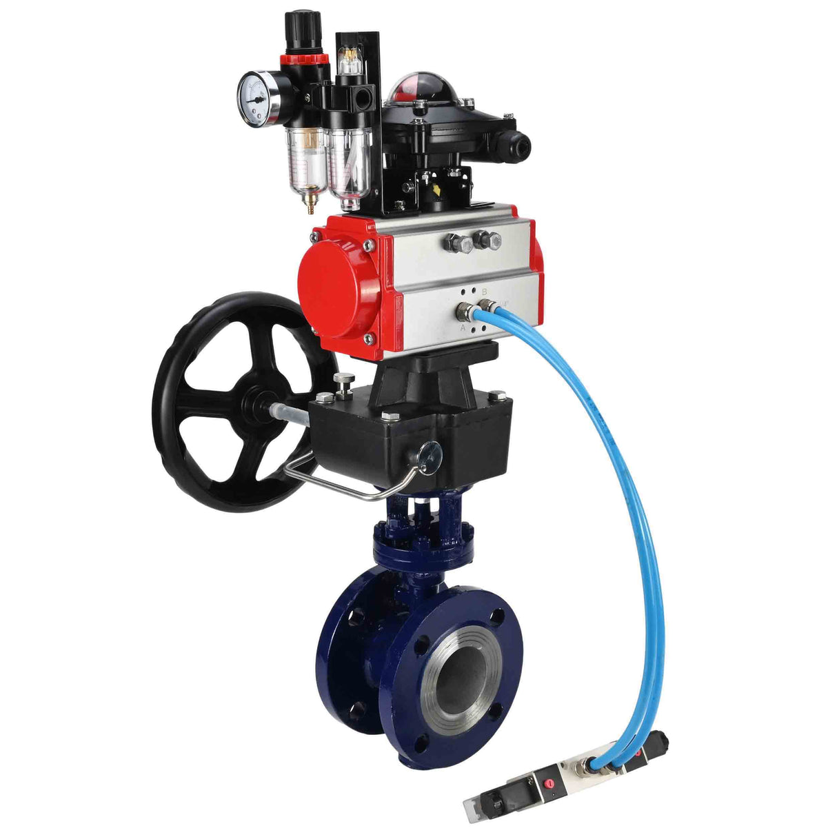 Water Butterfly Valve Elephant WBV3EX-3432M-1W-F-ISO, body material - Carbon steel, disk material - Stainless steel AISI 316, seal - Metal, pneumatic actuator PA-DA double action, 4V320-08 220V, LSU APL-210N, handwheel MON, ATU AFC2000