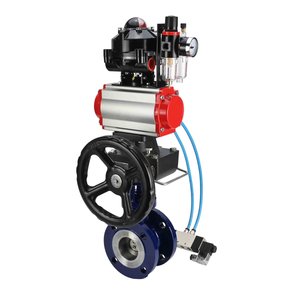 Water Butterfly Valve Elephant WBV3EX-3431M-1W-F-ISO, body material - Carbon steel, disk material - Stainless steel AISI 304, seal - Metal, pneumatic actuator PA-DA double action, 4V320-10 220V, LSU APL-510N EX, handwheel MON, ATU AFC2000