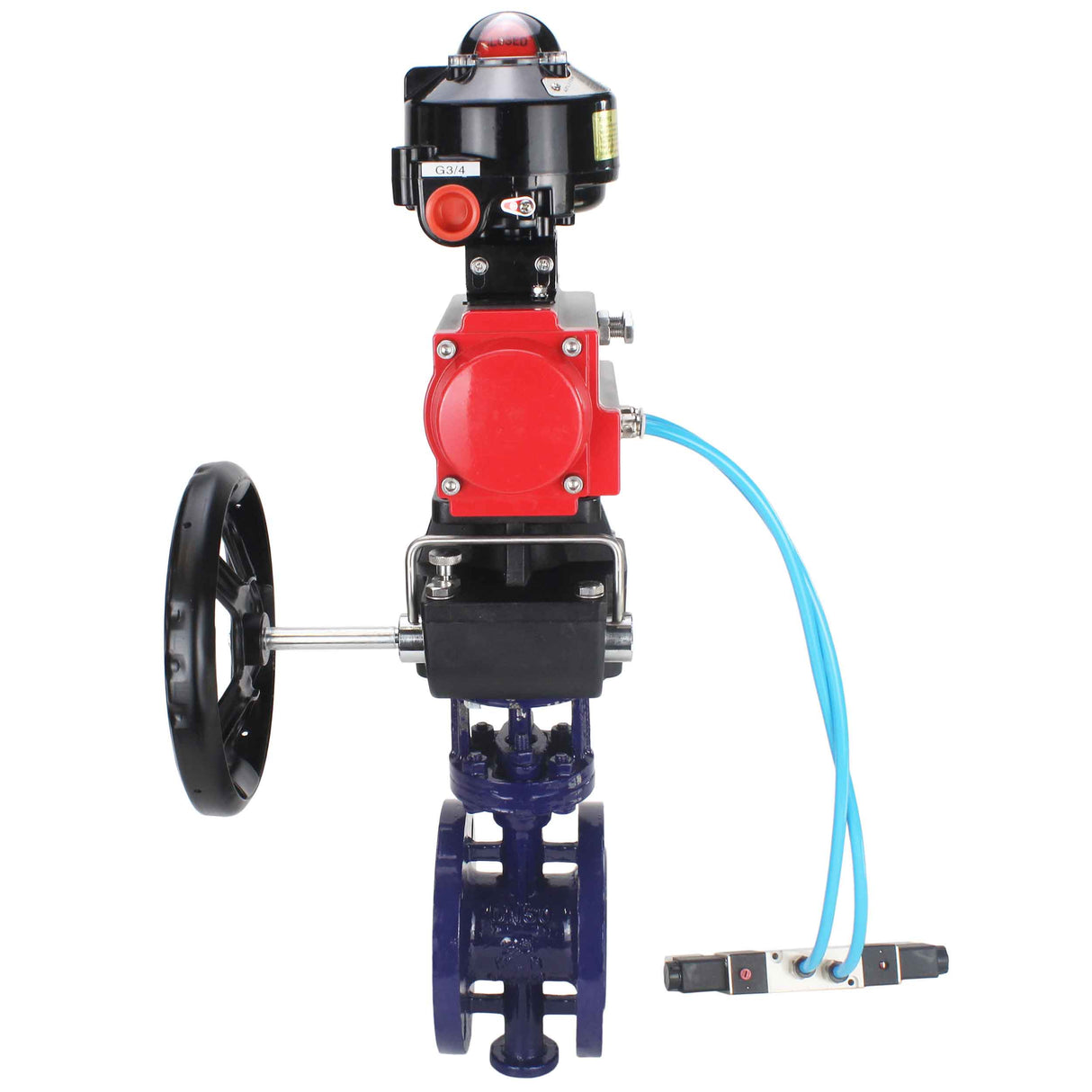 Water Butterfly Valve Elephant WBV3EX-3431M-1W-F-ISO, body material - Carbon steel, disk material - Stainless steel AISI 304, seal - Metal, pneumatic actuator PA-DA double action, 4V320-10 220V, LSU APL-510N EX, handwheel MON,