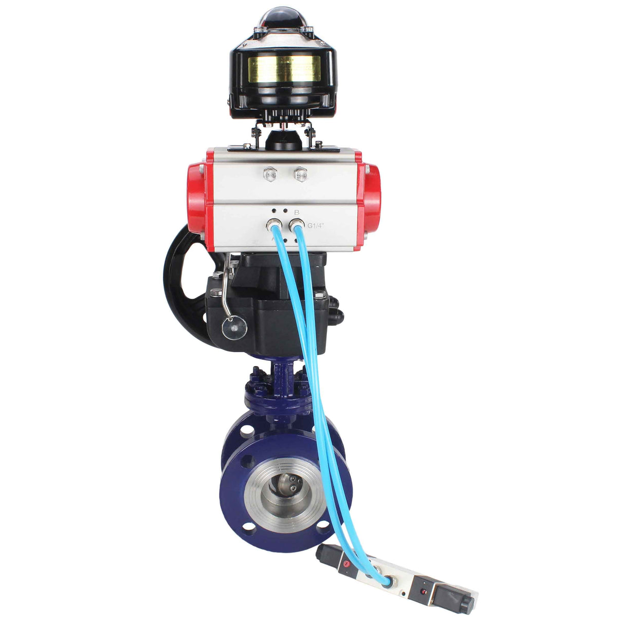 Water Butterfly Valve Elephant WBV3EX-3431M-1W-F-ISO, body material - Carbon steel, disk material - Stainless steel AISI 304, seal - Metal, pneumatic actuator PA-DA double action, 4V320-10 220V, LSU APL-510N EX, handwheel MON,