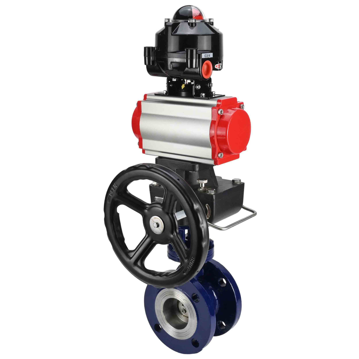 Water Butterfly Valve Elephant WBV3EX-3432M-1W-F-ISO, body material - Carbon steel, disk material - Stainless steel AISI 316, seal - Metal, pneumatic actuator PA-DA double action, LSU APL-510N EX, handwheel MON