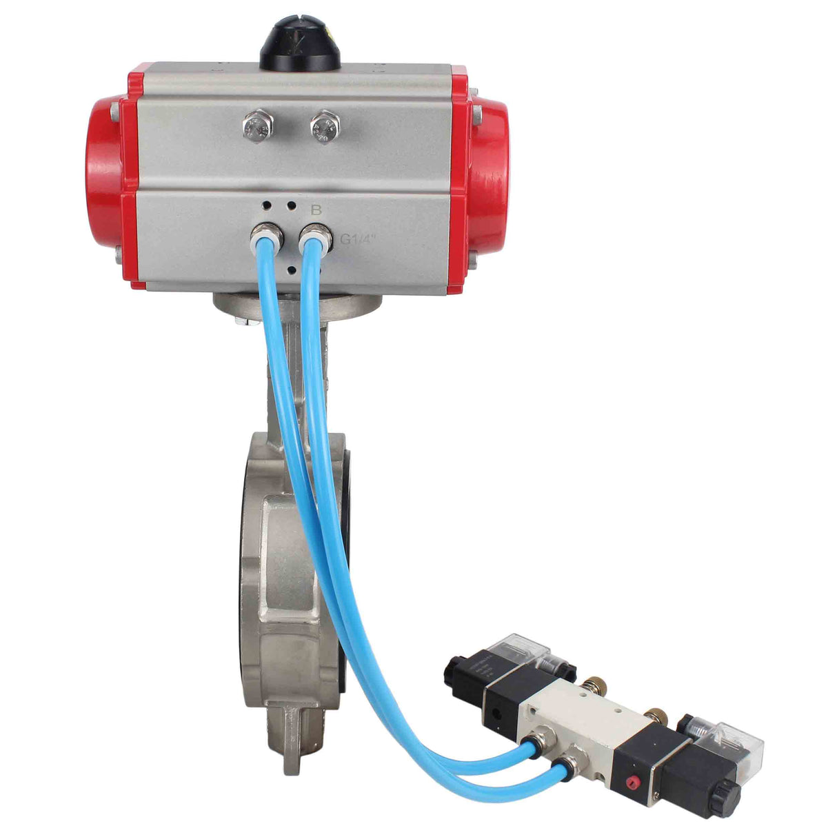 Water Butterfly Valve Elephant WBV3131E-2W-Fb-H, body material - Stainless steel AISI 304, disk material - Stainless steel AISI 304, seal - EPDM, pneumatic actuator PA-SA with return springs, 4V320-10 220V