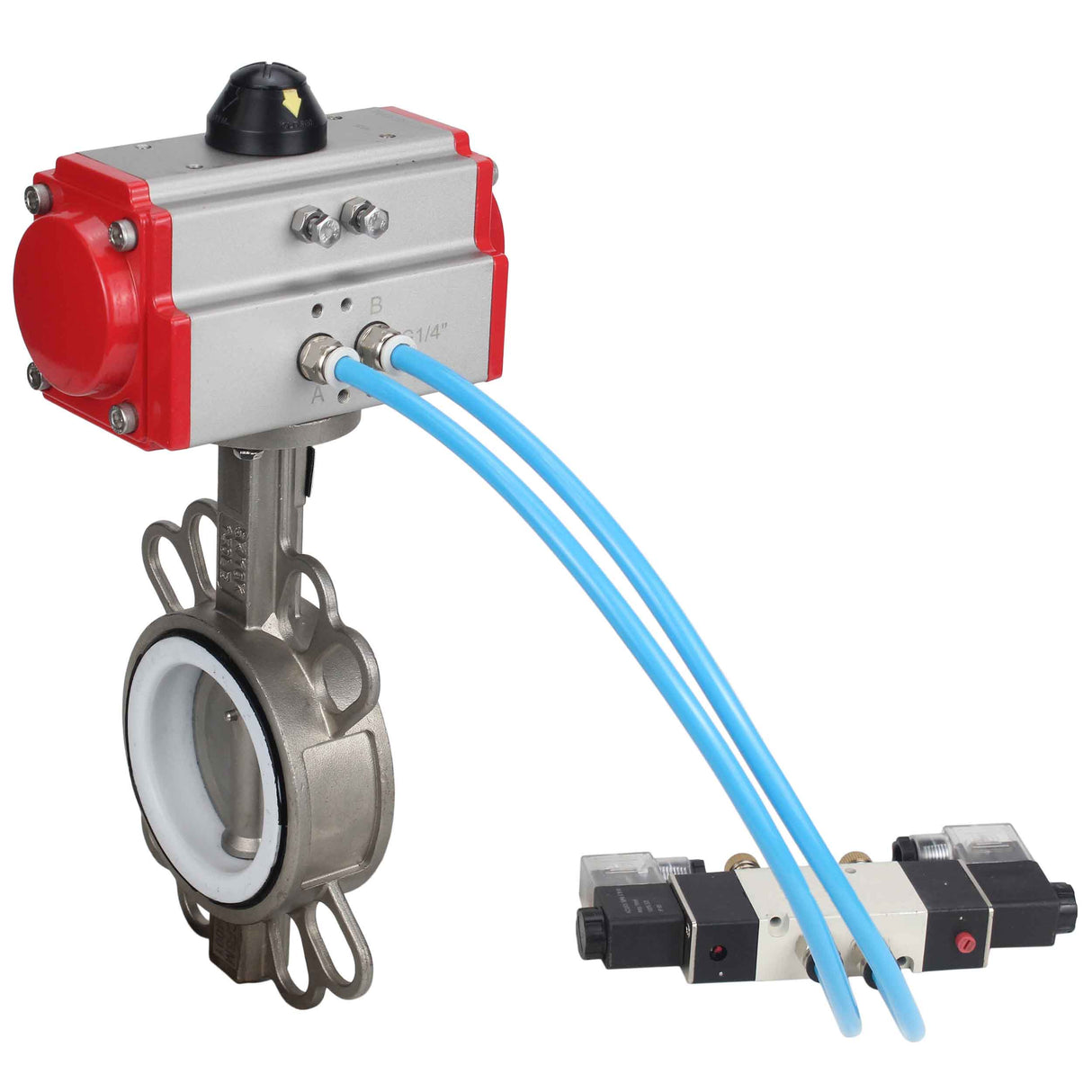 Water Butterfly Valve Elephant WBV3131P-2W-Fb-H, body material - Stainless steel AISI 304, disk material - Stainless steel AISI 304, seal - PTFE, pneumatic actuator PA-SA with return springs, 4V320-08 220V