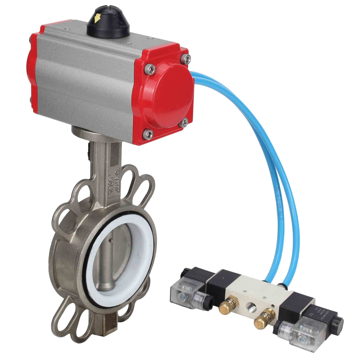 Water Butterfly Valve Elephant WBV3131P-2W-Fb-H, body material - Stainless steel AISI 304, disk material - Stainless steel AISI 304, seal - PTFE, pneumatic actuator PA-SA with return springs, 4V320-10 220V