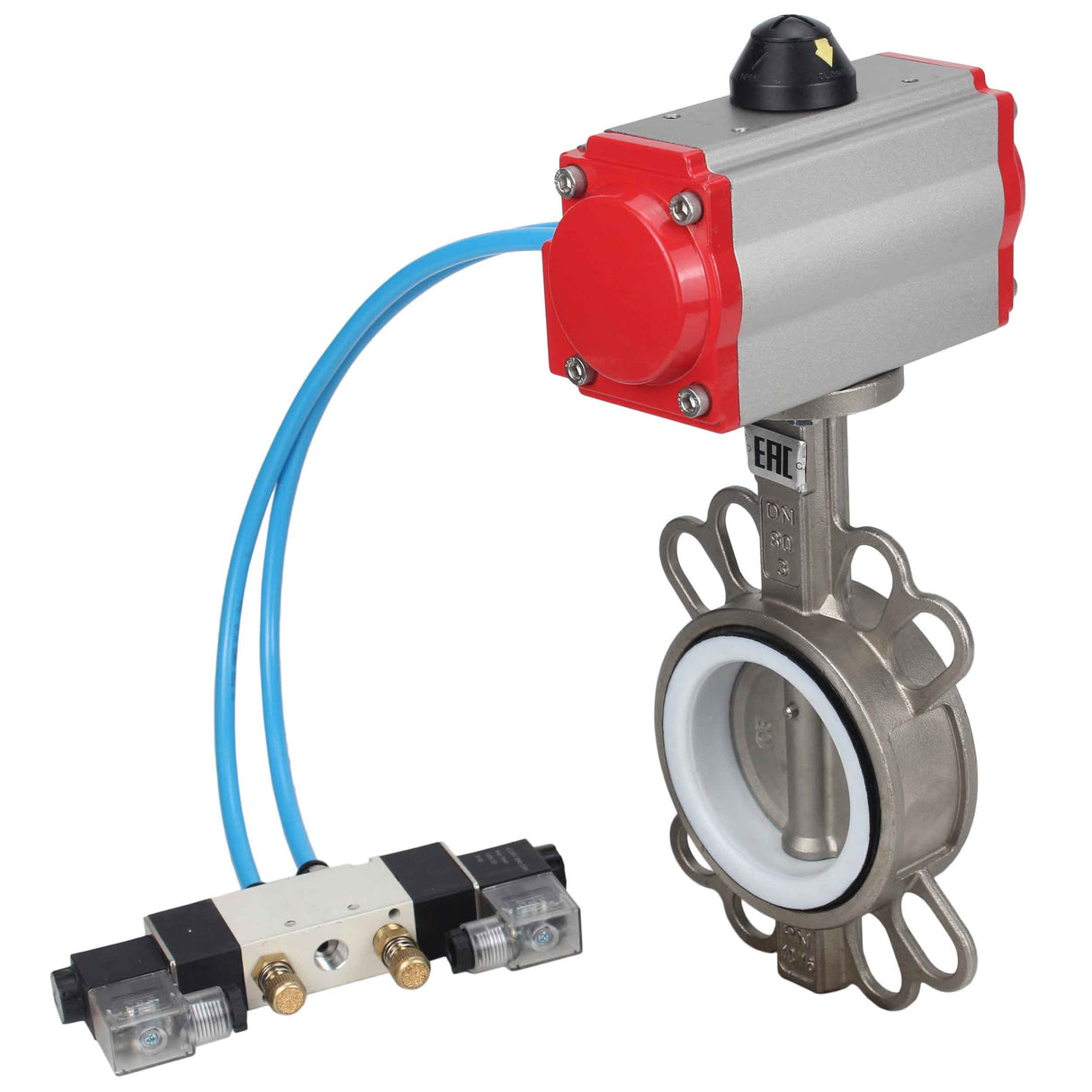 Water Butterfly Valve Elephant WBV3131P-2W-Fb-H, body material - Stainless steel AISI 304, disk material - Stainless steel AISI 304, seal - PTFE, pneumatic actuator PA-SA with return springs, 4V320-08 220V