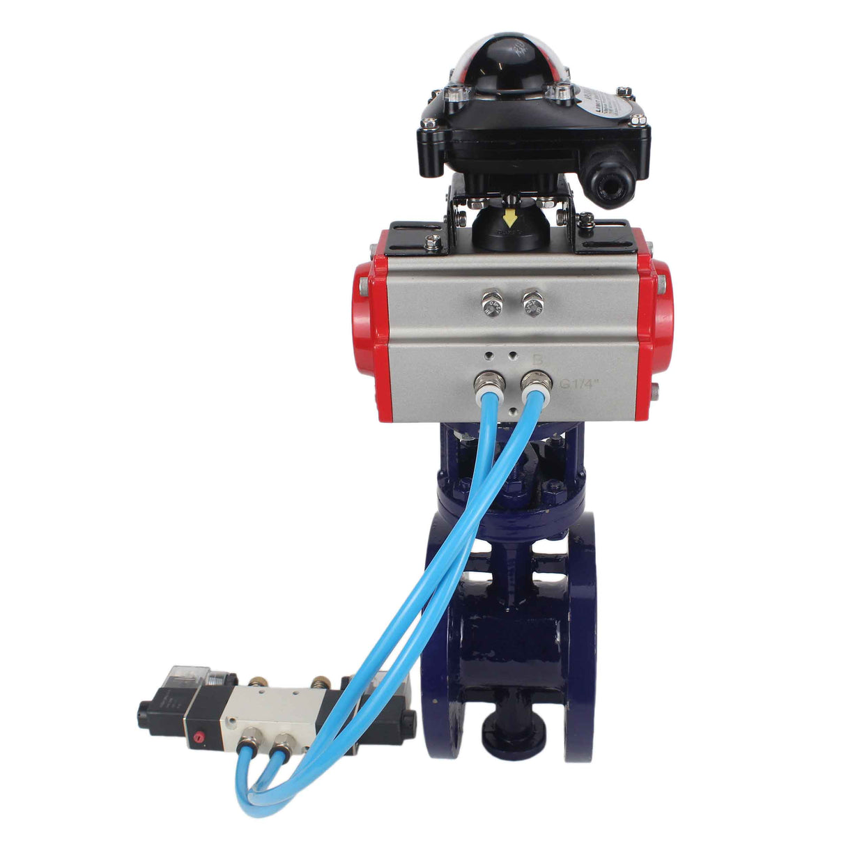 Water Butterfly Valve Elephant WBV3EX-3431M-1W-F-ISO, body material - Carbon steel, disk material - Stainless steel AISI 304, seal - Metal, pneumatic actuator PA-SA with return springs, 4V320-08 220V, LSU APL-210N