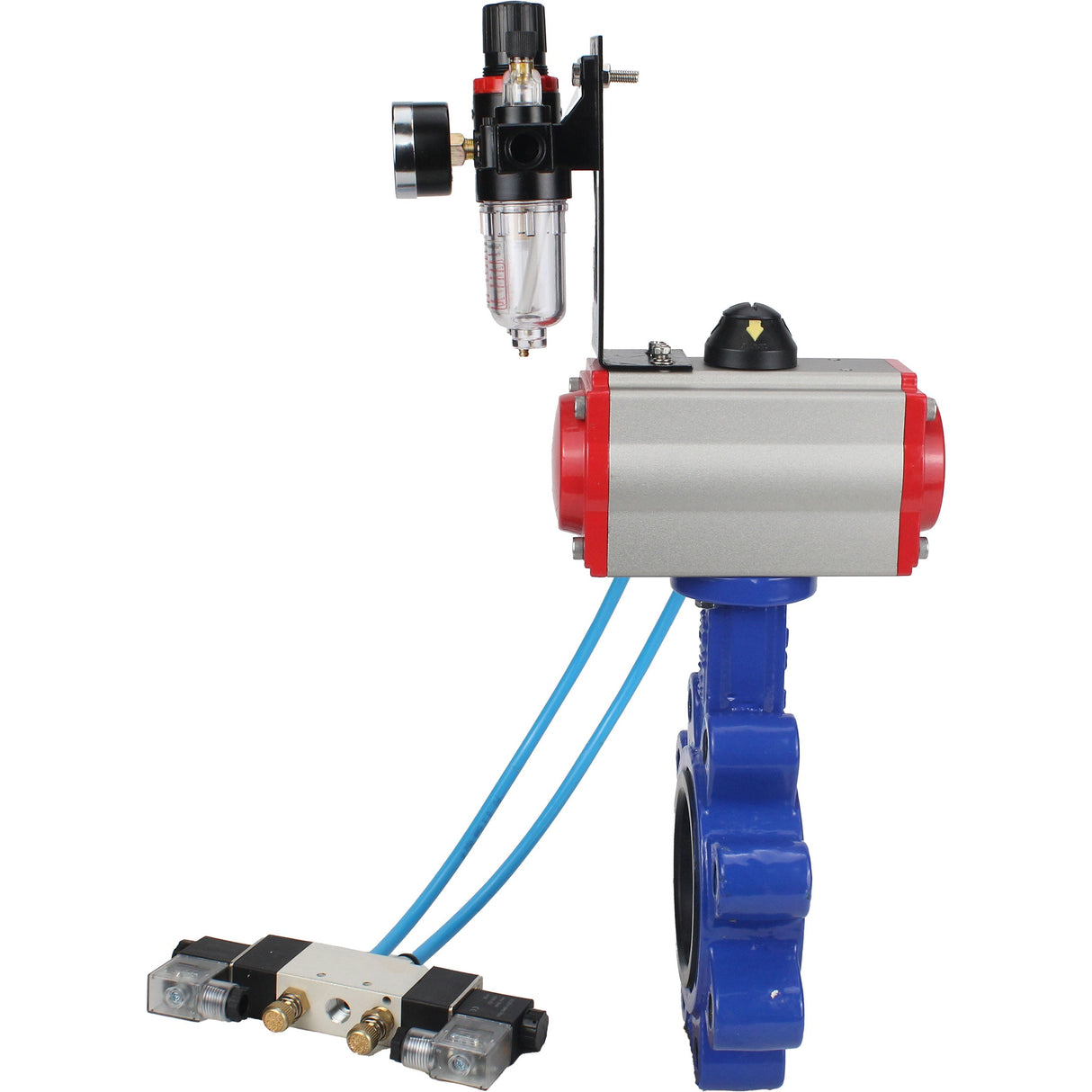 Water Butterfly Valve Elephant WBV1616N-2W-Fb-H, body material - cast iron QT450, disk material - cast iron QT450, seal - NBR, pneumatic actuator PA-SA with return springs, 4V320-10 220V ATU AFC2000