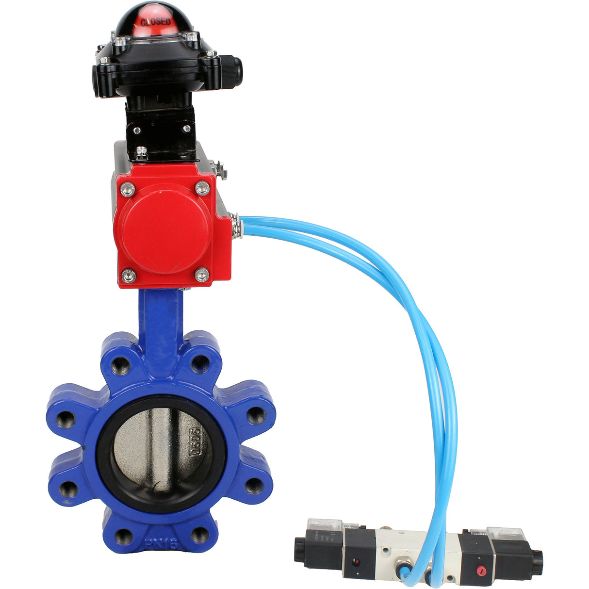 Water Butterfly Valve Elephant WBV1616E-2W-Fb-H, body material - cast iron QT450, disk material - cast iron QT450, seal - EPDM, pneumatic actuator PA-SA with return springs, 4V320-08 220V, LSU APL-210N