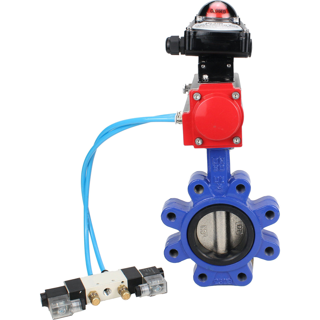 Water Butterfly Valve Elephant WBV1616E-2W-Fb-H, body material - cast iron QT450, disk material - cast iron QT450, seal - EPDM, pneumatic actuator PA-SA with return springs, 4V320-10 220V, LSU APL-210N