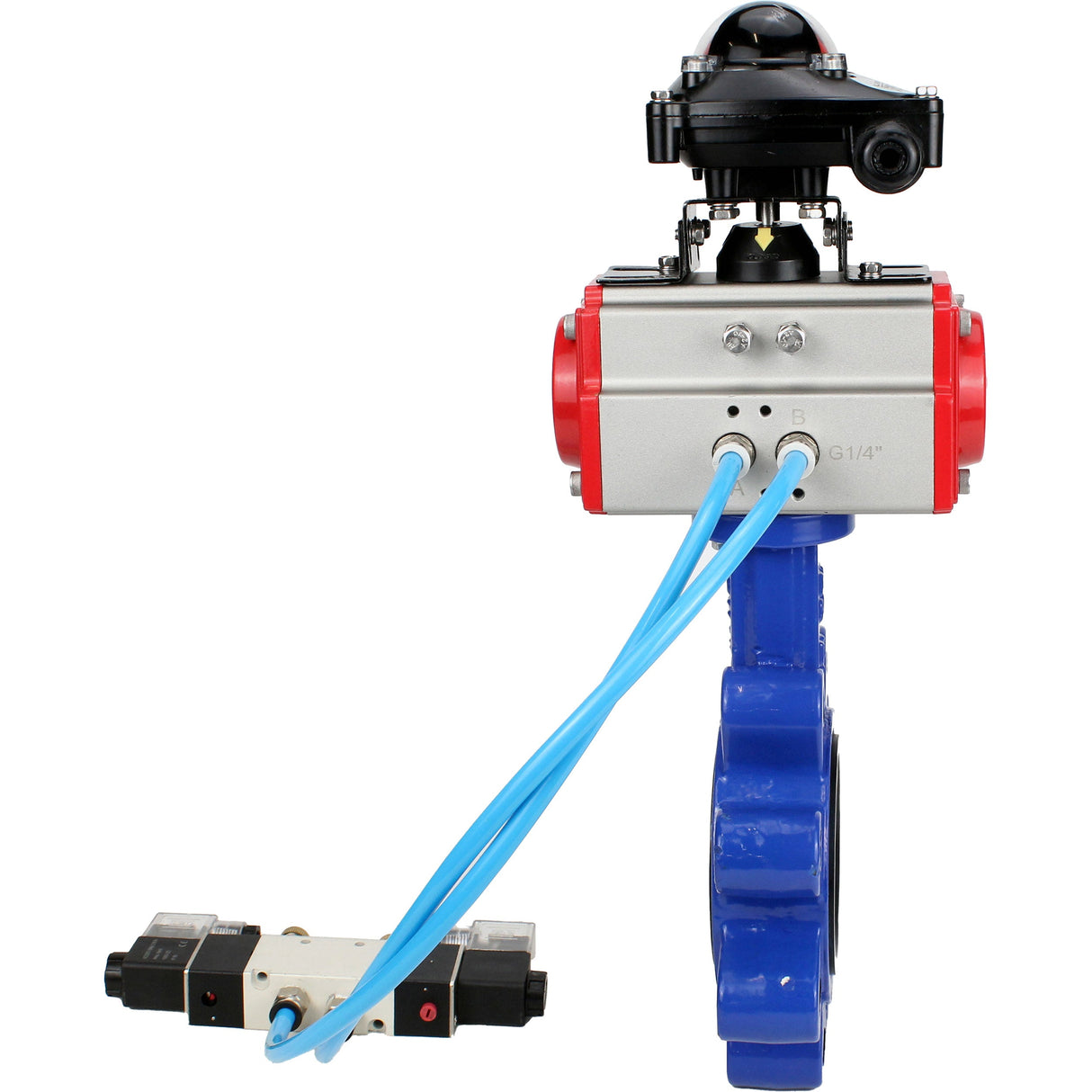 Water Butterfly Valve Elephant WBV1616E-2W-Fb-H, body material - cast iron QT450, disk material - cast iron QT450, seal - EPDM, pneumatic actuator PA-SA with return springs, 4V320-10 220V, LSU APL-210N