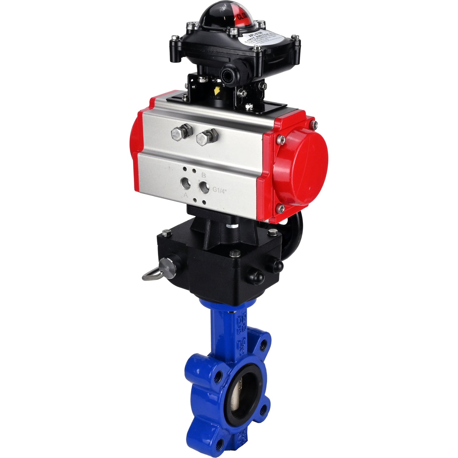 Water Butterfly Valve Elephant WBV1616N-2W-Fb-H, body material - cast iron QT450, disk material - cast iron QT450, seal - NBR, with pneumatic actuator double action PA-DA, handwheel MON, LSU APL-210N