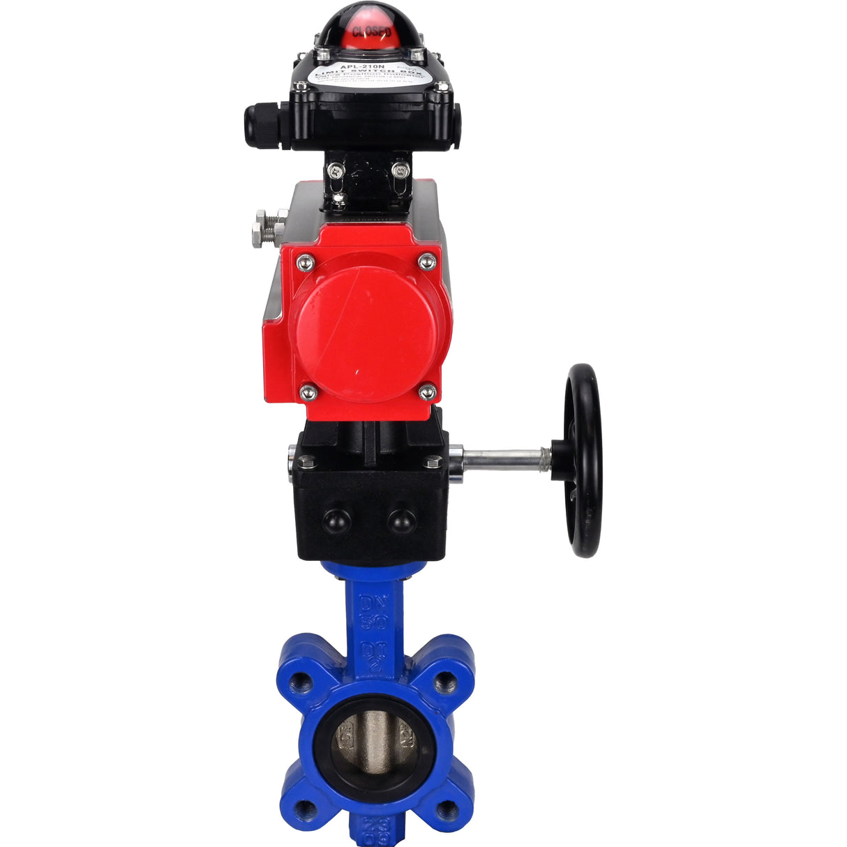 Water Butterfly Valve Elephant WBV1616N-2W-Fb-H, body material - cast iron QT450, disk material - cast iron QT450, seal - NBR, with pneumatic actuator double action PA-DA, handwheel MON, LSU APL-210N