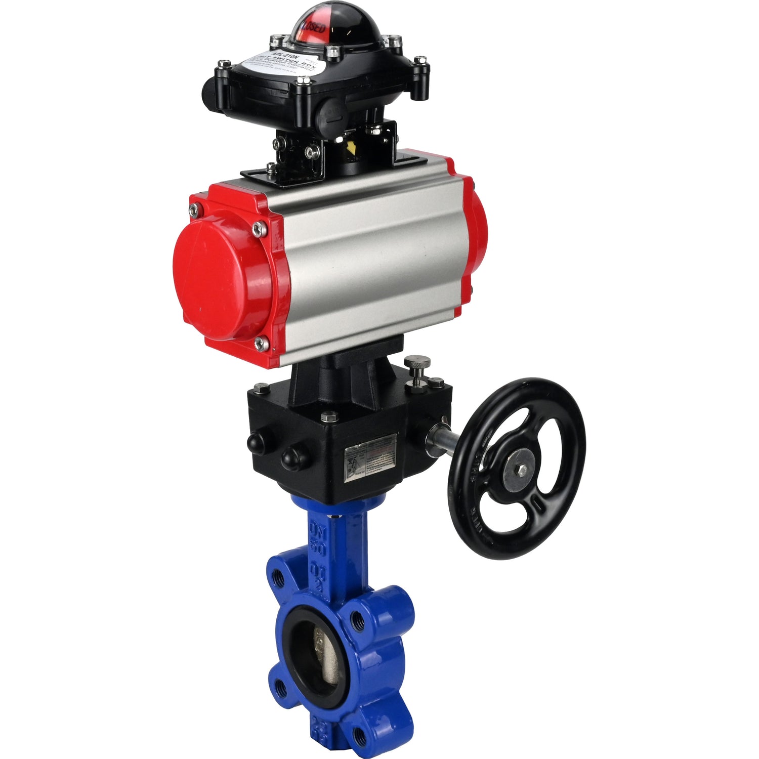 Water Butterfly Valve Elephant WBV1616N-2W-Fb-H, body material - cast iron QT450, disk material - cast iron QT450, seal - NBR, with pneumatic actuator double action PA-DA, handwheel MON, LSU APL-210N