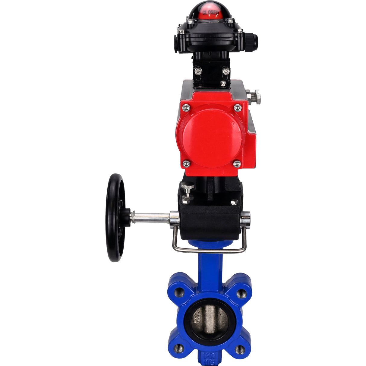 Water Butterfly Valve Elephant WBV1616N-2W-Fb-H, body material - cast iron QT450, disk material - cast iron QT450, seal - NBR, with pneumatic actuator double action PA-DA, handwheel MON, LSU APL-210N
